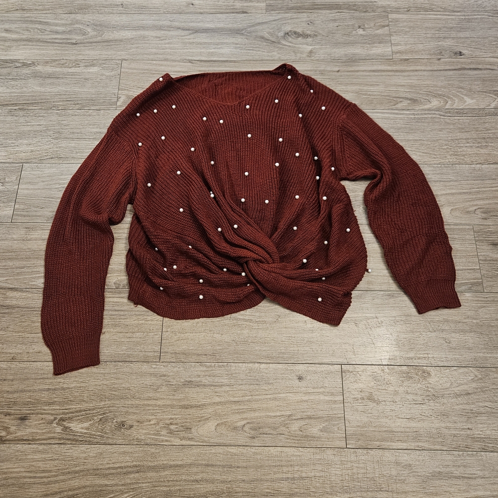 SHEIN Red Crew‎ Neck Sweater with Pearl Accents